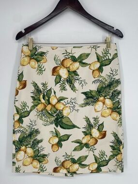 Talbots Novelty Lemon Print Skirt Yellow Green Cotton Stretch Straight Skirt